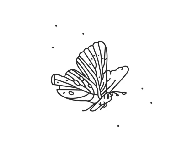 Рука намальована векторна абстрактна стокова плоска графічна ілюстрація з елементом логотипу, богемне магічне мистецтво лінійного мистецтва метелика в простому стилі для брендингу, ізольована на білому тлі. — стоковий вектор