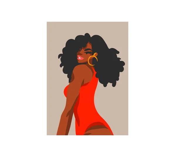 Vettore disegnato a mano astratto stock grafico illustrazione con giovane felice, estate spiaggia bohemien nero afro americano bellezza femminile personaggio avatar per i social media isolato su sfondo bianco — Vettoriale Stock