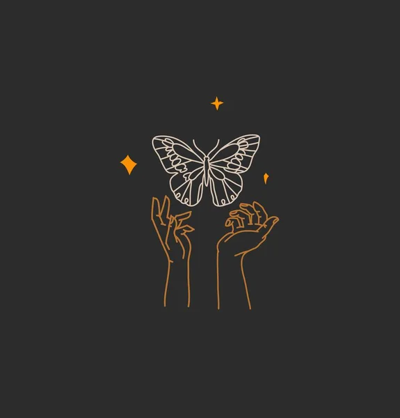 Hand drawn vector abstract stock flat graphic illustration with logo element,bohemian magic art of butterfly and stars in witch woman hand,simple style for branding,isolated on black background — Wektor stockowy