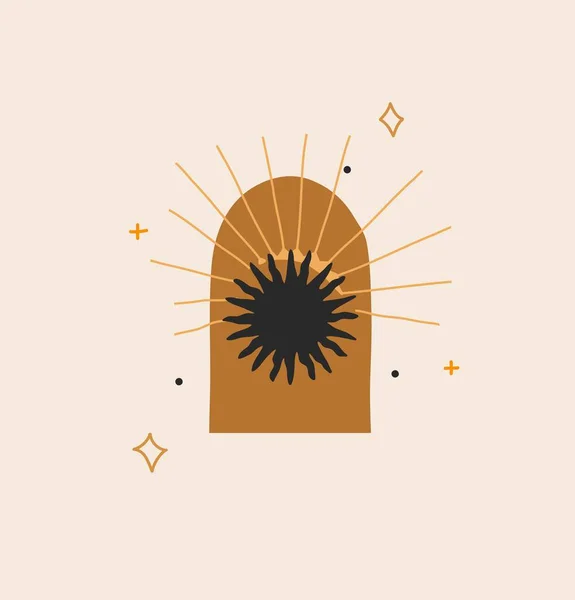 Mão desenhado vetor abstrato estoque plana ilustração gráfica com elemento logotipo, boêmio linha mágica arte de silhueta solar, estrelas e raios de sol em estilo simples para branding, isolado sobre fundo de cor —  Vetores de Stock