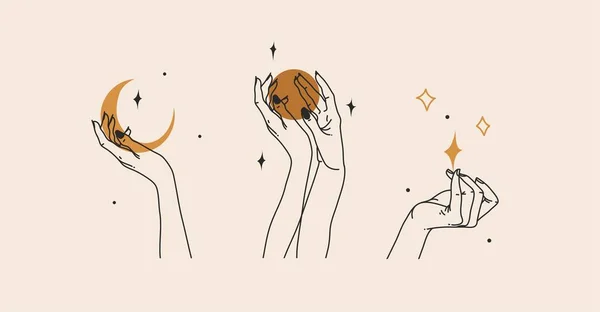 Ручная рисованная векторная абстрактная фоновая плоская графическая иллюстрация с элементом логотипа, богемной магической линией искусства женской руки, полумесяца, звезды и луны в простом стиле для брендинга, женской астрологии. — стоковый вектор