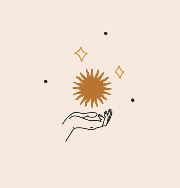 Mão desenhado vetor abstrato estoque plana ilustração gráfica com logotipo de marca, boêmio celestial linha de arte da mão mulher, estrelas e sol de ouro em estilo simples, conceito de astrologia feminina. — Vetor de Stock
