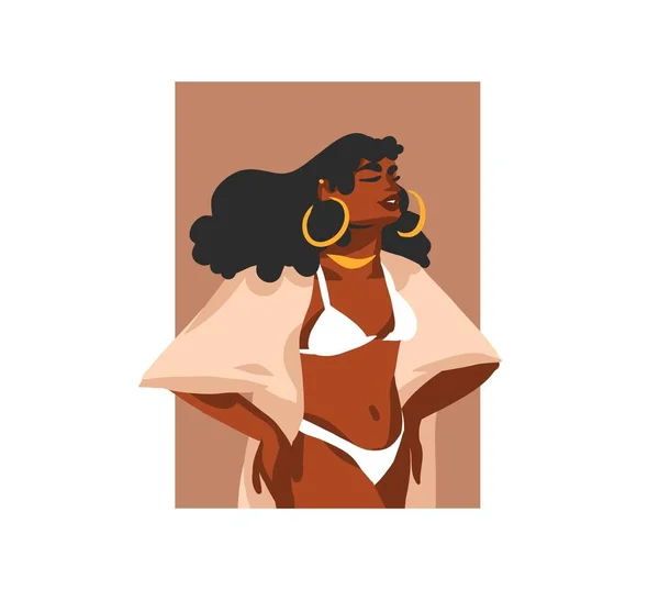 Beyaz arka planda izole edilmiş sosyal medya için el çizimi soyut stok grafik çizimi genç mutlu, yaz kıyafeti içinde, bohem siyah afro-amerikan güzellik kadın karakter avatarı — Stok Vektör