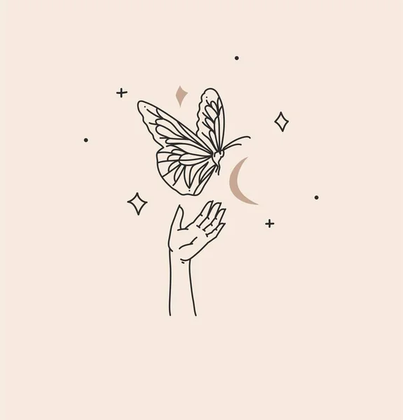 Hand drawn vector abstract stock flat graphic illustration with branding logo,bohemian celestial magic art of butterfly,crescent silhouette in woman hand,simple style,boho astrology feminine concept. — Stock Vector