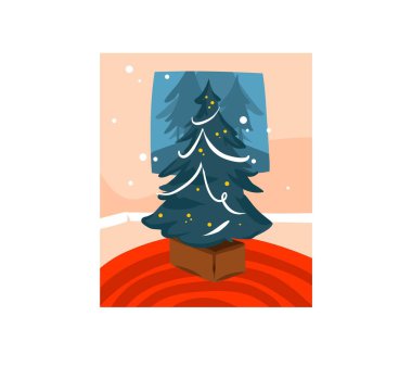 El çizimi vektör soyut eğlence stoku düz Mutlu Noeller ve beyaz arka planda izole edilmiş büyük dekore edilmiş Xmas ağacının şirin resimli yeni yıl karikatürü.
