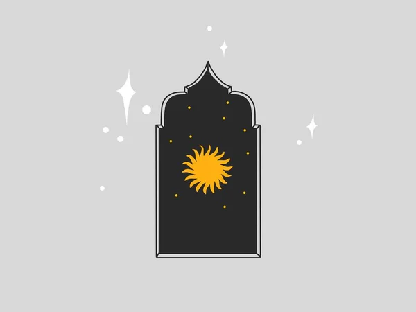 Mão desenhado vetor abstrato estoque plana ilustração gráfica com elemento logotipo, astrologia boêmio magia arte do sol em silhueta arco em estilo simples para branding, isolado sobre fundo de cor —  Vetores de Stock