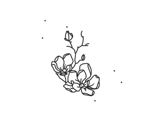 Ręcznie rysowane wektor abstrakcyjny czas płaski grafika ilustracja z elementem logo, bohemian magia gałąź kwiatowa linia sztuki w prostym stylu do marki, izolowane na białym tle.Koncepcja logo kobiece — Wektor stockowy