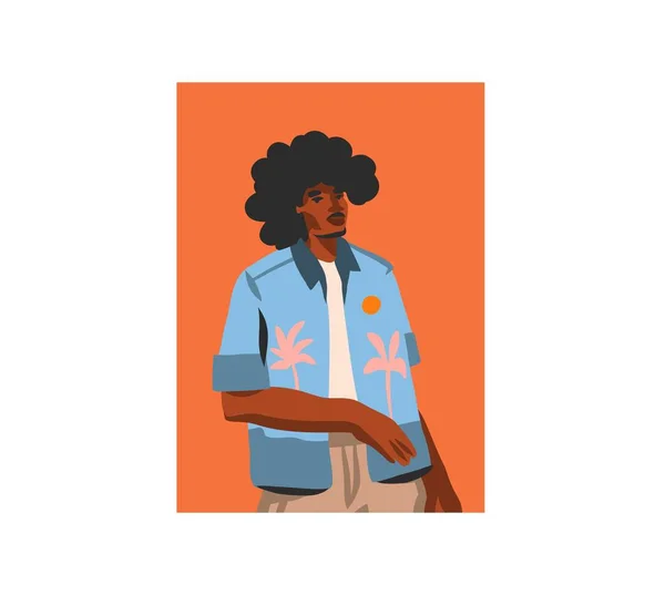手绘矢量平面抽象图片说明与年轻快乐，穿着夏装，非洲裔美国人美丽的现代男性角色形象为社交媒体隔离的白色背景 — 图库矢量图片