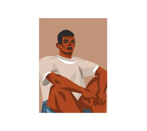 手绘矢量平面抽象图片说明与年轻快乐，穿着夏装，非洲裔美国人美丽的现代男性角色形象为社交媒体隔离的白色背景 — 图库矢量图片