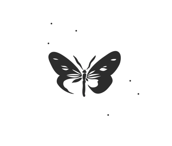 Ilustración gráfica plana de stock abstracto vectorial dibujado a mano con elemento de logotipo, arte mágico bohemio de la silueta de mariposa en estilo simple para la marca, aislado sobre fondo blanco. — Vector de stock