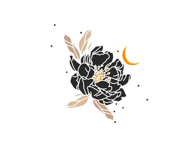 Hand gezeichnet Vektor abstrakt Stock flache grafische Illustration mit Logo-Element der Linie Blumenkunst, schwarze Silhouette von Pfingstrose und Mond isoliert auf weißem Hintergrund. Heilige Magie Boho feminines Konzept — Stockvektor