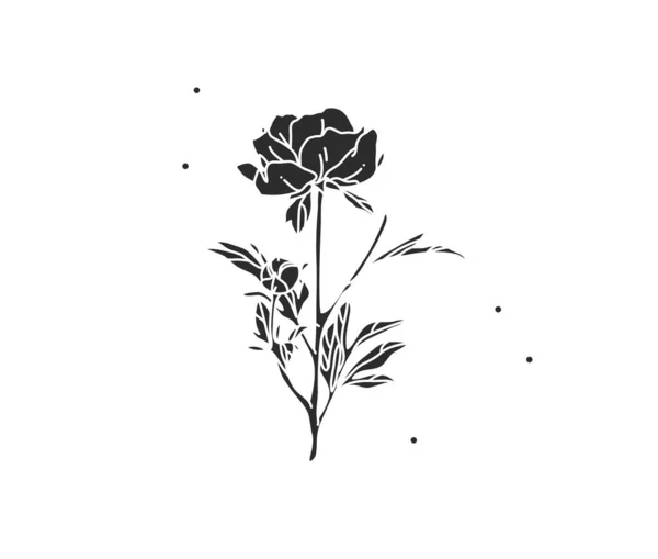 Mão desenhado vetor abstrato estoque plana ilustração gráfica com logotipo elemento de arte flor linha, silhueta preta de peônia, isolado em fundo branco. conceito feminino boho mágica sagrada — Vetor de Stock