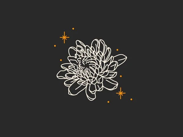 Handritad vektor abstrakt stock platt grafisk illustration med logotyp element, magi linje konst av pion blomma och stjärnor, feminin boho koncept i enkel stil för branding, isolerad på svart bakgrund — Stock vektor