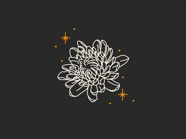 Ilustración gráfica plana de stock abstracto vectorial dibujado a mano con elementos de logotipo, arte de línea mágica de flor de peonía y estrellas, concepto boho femenino en estilo simple para la marca, aislado sobre fondo negro — Vector de stock