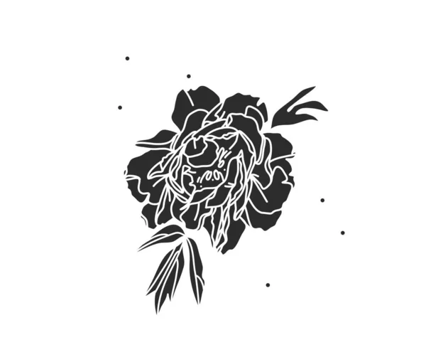 Hand drawn vector abstract stock flat graphic illustration with logo element of line flower art,black silhouette of peony,isolated on white background.Sacred magic boho feminine concept — Stock Vector