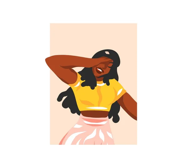 Ручной рисунок вектор абстрактный графическая иллюстрация с молодым счастливым, в летнем наряде, богемный черный афро-американской красоты женский персонаж аватар для социальных медиа изолированы на белом фоне — стоковый вектор