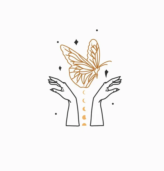 Handgetekende vector abstracte voorraad platte grafische illustratie met branding logo, Boheemse hemelse magie kunst van vlinder, maan fasen silhouet in vrouw hand, eenvoudige stijl, astrologie vrouwelijk concept. — Stockvector