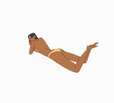 El çizimi vektör soyut stok zaman çizelgesi, minimalist stil çizimleri, bohem güzel kız güneşlenmesi ve beyaz arka planda izole bir şekilde plajda uzanmak.