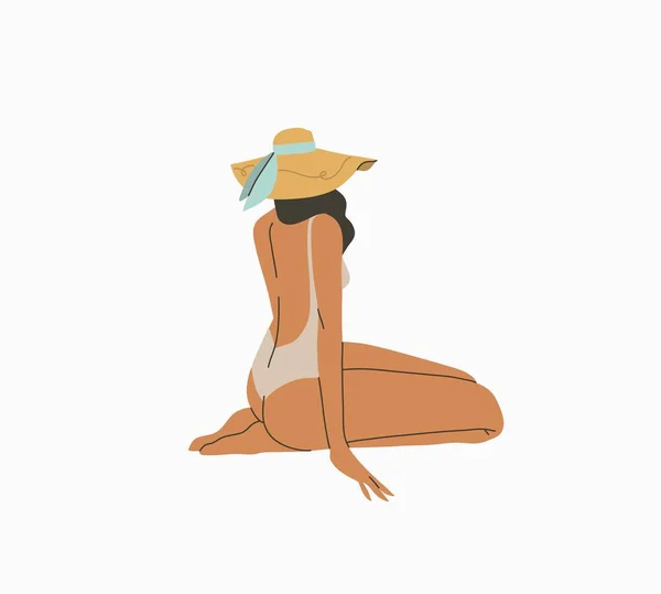 Dessiné à la main vecteur abstrait stock graphique heure d'été dessin animé, illustrations de style minimaliste imprimer avec bohème belle fille dans les bains de soleil chapeau et assis sur la plage, isolé sur fond blanc — Image vectorielle