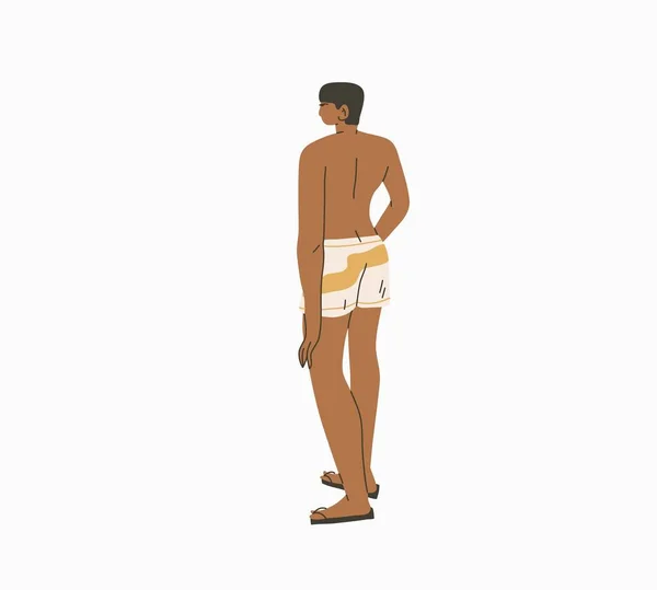 Dessiné à la main vecteur abstrait stock graphique heure d'été dessin animé, illustrations de style minimaliste imprimer avec de beaux bains de soleil masculins bohème et debout sur la plage, isolé sur fond blanc — Image vectorielle