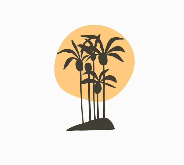 Handgetekende vector abstracte voorraad grafische zomer cartoon, minimalistische illustraties logo-element, met prachtige tropische palmbomen eiland silhouet met zonsondergang geïsoleerd op witte achtergrond — Stockvector