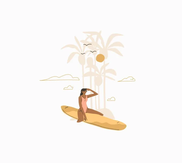 Handgetekende vector abstracte voorraad grafische zomer cartoon, minimalistische stijl illustratie met Boheemse mooie meisje zonnebaden en surfen op surfplank op het strand, geïsoleerd op witte achtergrond — Stockvector