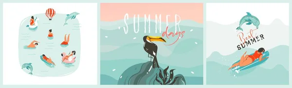 손으로 그린 추상적 인 스톡 그래픽 여름 만화, 미니멀리즘적 인 현대의 삽화들은 배경에 고립된 해변에서 서핑 과 긴장을 푸는 사람들이 모여 있는 컬렉션을 프린트한다. — 스톡 벡터
