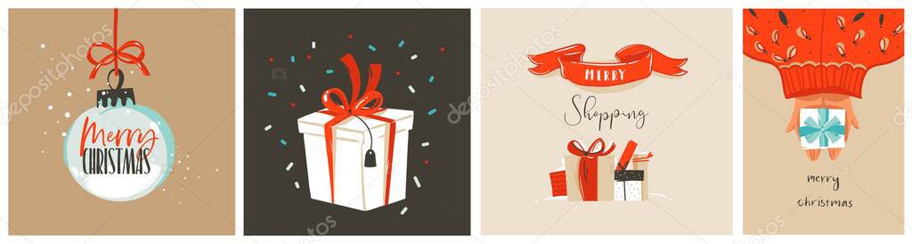 Hand drawn vector abstract stock graphic Merry Christmas and Happy New Year cartoon,illustrations prints collection set with snow globe,present box and Christmas tree isolated on color background