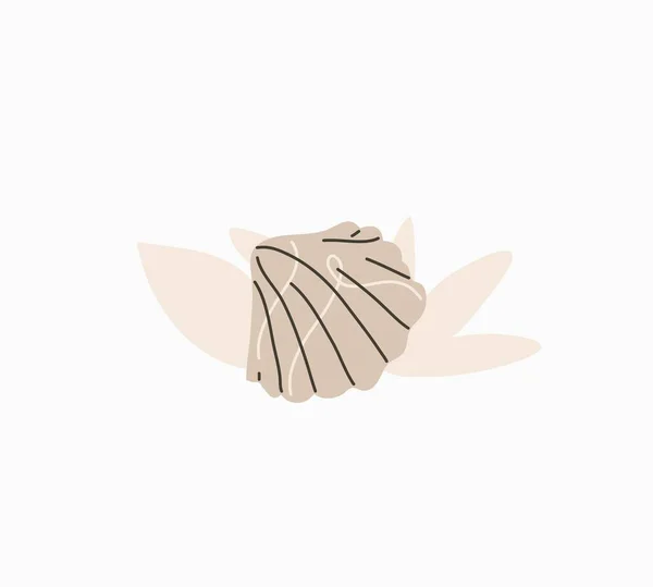 Hand drawn vector abstract stock graphic summer time cartoon,contemporary minimalistic style illustrations print with bohemian beautiful beach seashell and palm leaves silhouettes — 스톡 벡터
