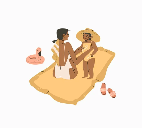 Dessiné à la main vecteur abstrait stock graphique heure d'été dessin animé, illustrations de style minimaliste avec de belles bains de soleil maman et fille bohème et assis sur la plage, isolé sur fond blanc. — Image vectorielle