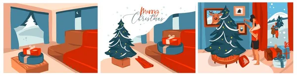 Hand drawn vector abstract stock graphic Merry Christmas and Happy New Year cartoon,illustrations prints collection set with indoor scenes,present box and Christmas tree isolated on color background. — 图库矢量图片
