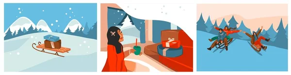 Handgetekende vector abstracte voorraad grafisch vrolijk kerstfeest en gelukkig nieuwjaar cartoon, illustraties prenten collectie set met winter scènes, huidige doos en kerstboom geïsoleerd op kleur achtergrond — Stockvector