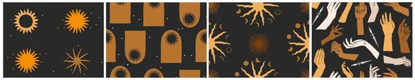 Dibujado a mano vector abstracto plano stock gráfico ilustración perfecta colección de patrones conjunto con astrología mágica celeste fases doradas de la luna, sol y estrellas, formas de collage místico y simple contemporáneos — Vector de stock