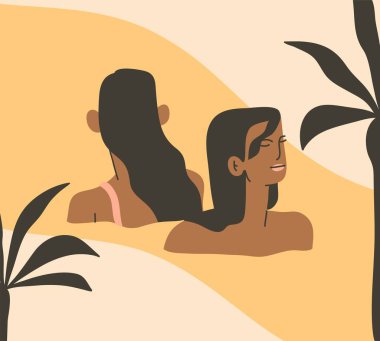 El çizimi vektör soyut stok zaman çizimi karikatürü, bohem güzel kızların yüzdüğü minimalist stil çizimleri ve gün batımı kumsalında izole edilmiş, renkli arka planda dinlenme..
