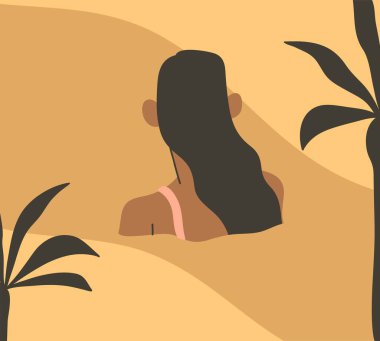 El çizimi vektör soyut stok zaman çizelgesi, minimalist stil illüstrasyonlar, bohem güzel bir kızın yüzdüğü baskılar ve gün batımı plajında soluklanma, renk arkaplanı izole edilmiş.