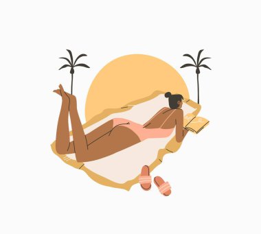 El çizimi vektör soyut stok zaman çizimi karikatürü, bohem güzel kız güneşlenmesi ve beyaz arka planda izole edilmiş kitap okuması ile minimalist stil çizimler..