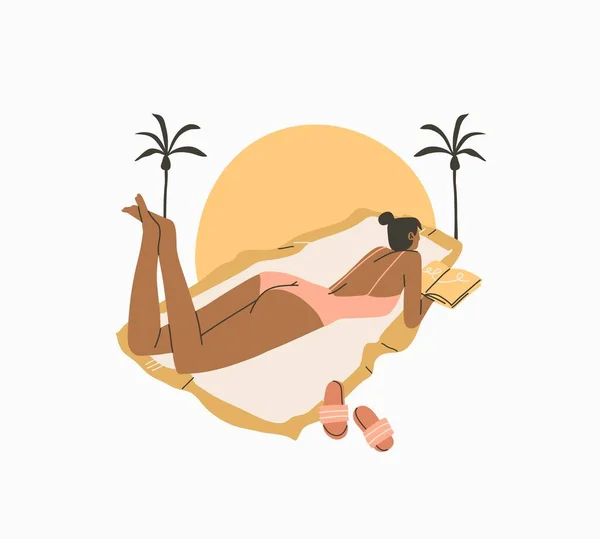 Handgetekende vector abstracte voorraad grafische zomer cartoon, minimalistische stijl illustraties print met Boheemse mooie meisje zonnebaden en het lezen van boek op het strand, geïsoleerd op witte achtergrond. — Stockvector