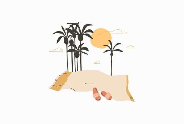 Mão desenhado vetor abstrato estoque gráfico verão tempo cartoon, minimalista linha arte ilustrações imprimir, com toalha de praia boho bonita e ensolarado tropical palma ilha isolada no fundo branco — Vetor de Stock