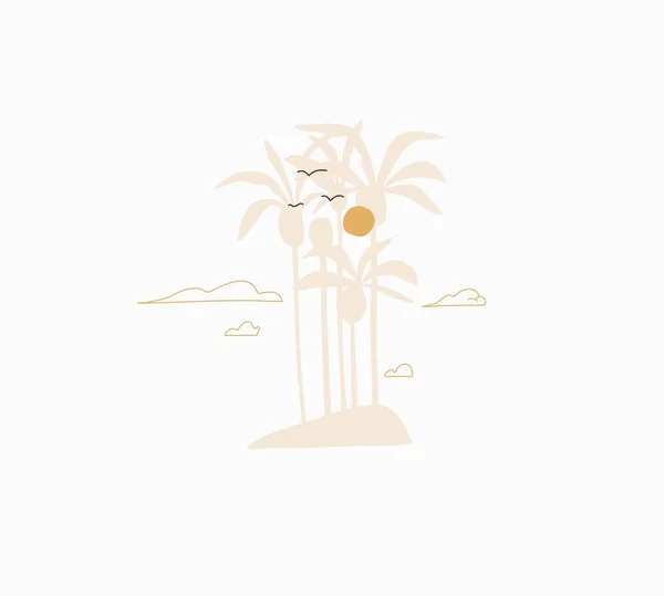 Handgetekende vector abstracte stock grafische zomer cartoon, minimalistische illustraties Boheemse creatieve logo, met prachtige tropische palm boom eiland silhouet en zonsopgang geïsoleerd op witte achtergrond. — Stockvector