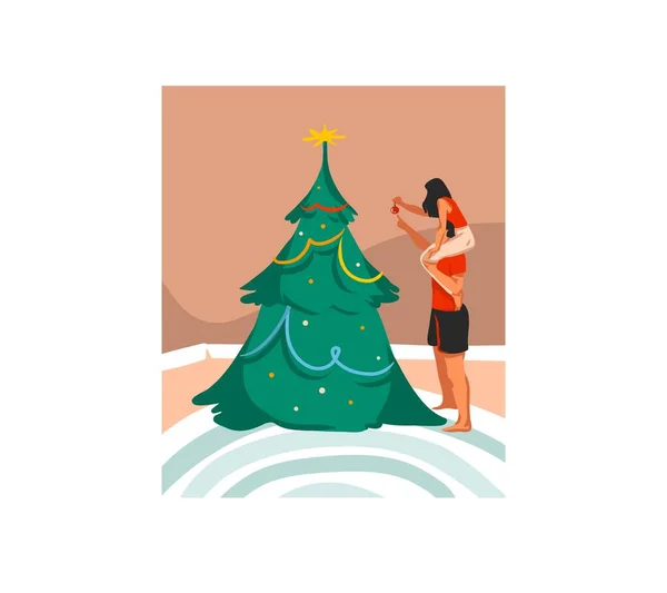手描きベクトル抽象的な楽しいストックフラットメリークリスマス、そして幸せな新年の漫画のお祝いカード白い背景に隔離されたクリスマスを準備して一緒に自宅でXmasのカップルのかわいいイラストと. — ストックベクタ