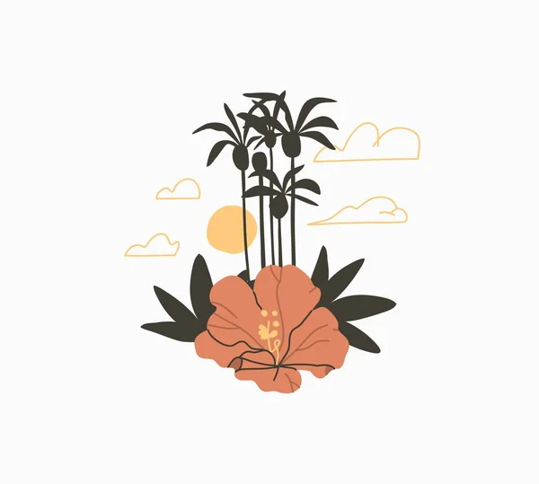 Handgetekende vector abstracte voorraad grafische zomer cartoon, minimalistische illustraties logo, met mooie tropische palm eiland silhouet met exotische doodle bloem geïsoleerd op witte achtergrond. — Stockvector