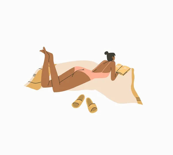 手描きベクトル抽象ストックグラフィック夏時間漫画、ミニマルなスタイルのイラストプリントでbohemian美しい女の子の日光浴とビーチに横たわって、白い背景に隔離された — ストックベクタ