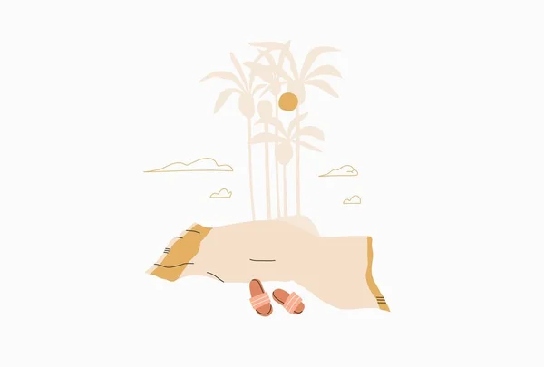 Handgetekende vector abstracte voorraad grafische zomer cartoon, minimalistische lijn kunst illustraties print, met mooie boho strand handdoek en zonnige tropische palm eiland gesoldeerd op witte achtergrond — Stockvector