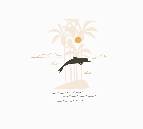 Handgetekende vector abstracte voorraad grafische zomer cartoon, minimalistische illustraties logo, met prachtige tropische palm eiland silhouet met springende dolfijn geïsoleerd op witte achtergrond. — Stockvector