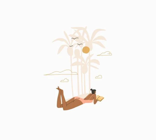 Hand drawn vector abstract stock graphic summer time cartoon,minimalistic style illustration with bohemian beautiful girl sunbathes and lying with book on the beach,isolated on white background — Stock Vector