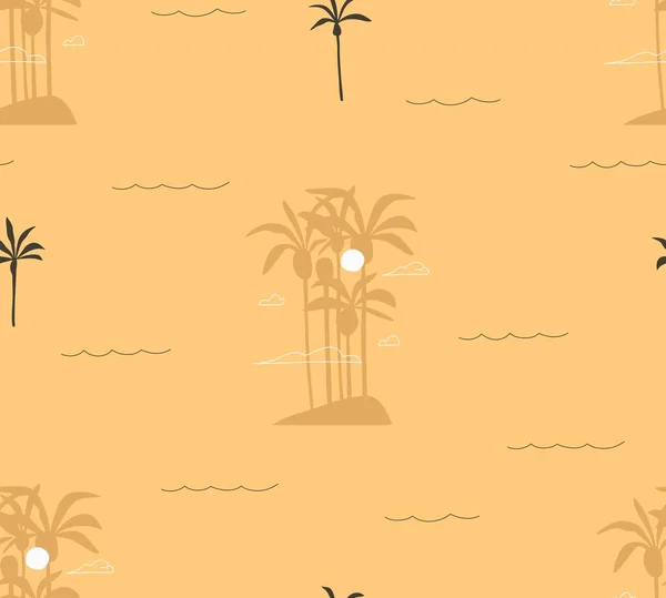 Mão desenhada vetor abstrato estoque gráfico verão cartoon, minimalista ilustrações contemporâneas sem costura padrão com ilha tropical e palmeira silhueta na praia, isolado sobre fundo de cor — Vetor de Stock
