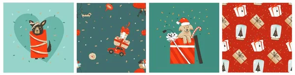 Hand dras vektor abstrakt lager grafiskt God Jul och Gott Nytt År tecknad, illustrationer utskrifter samling set med tamhundar, present box och julgran isolerad på färg bakgrund — Stock vektor