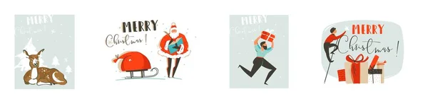 손으로 그린 추상적 벡터 ( 영어 ) Merry Christmas and Happy New Year cartoon, 삽화 프린트 컬렉션 with Santa Claus, present box and deer isolated on color background. — 스톡 벡터