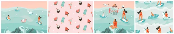 Mão desenhado vetor abstrato estoque gráfico horário de verão desenho animado, ilustrações contemporâneas imprime coleção conjunto com surfista de praia personagem de grupo, flamingo flutua e padrão sem costura sobre fundo de cor — Vetor de Stock