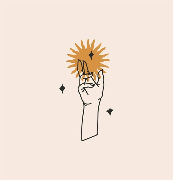 Illustration graphique plate avec élément logo, art minimaliste de la ligne magique bohème de la silhouette solaire dorée en ligne main humaine et étoile dans un style simple pour la marque. — Image vectorielle